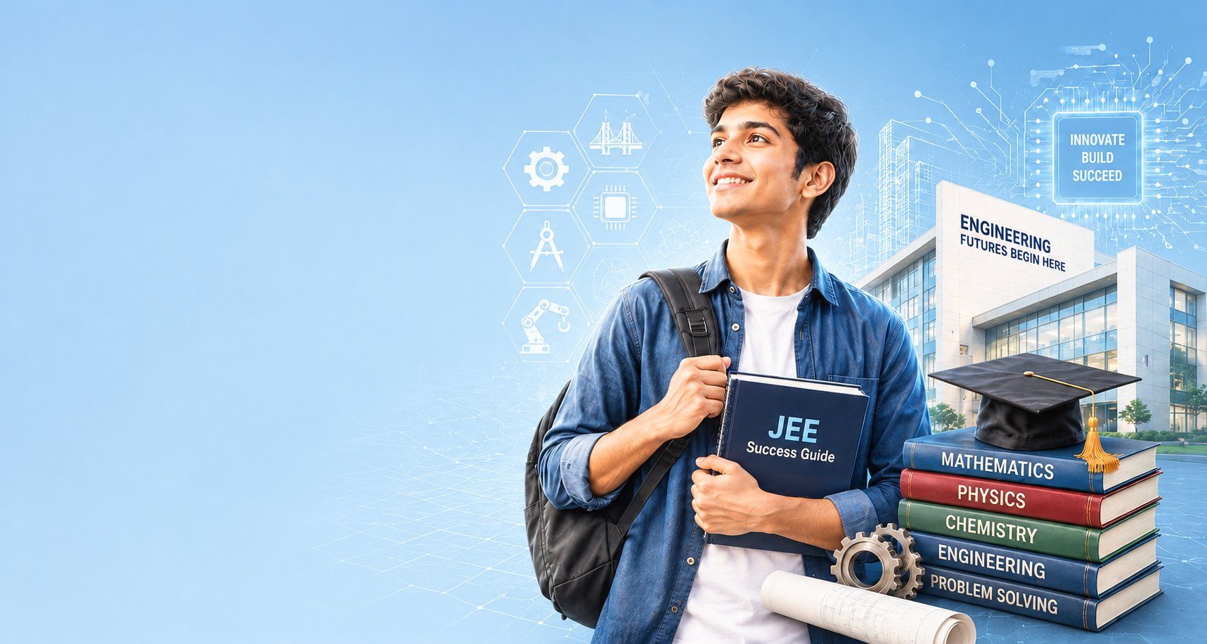 Smiling male engineering student with a backpack holding a JEE Success Guide, standing beside a stack of Mathematics, Physics, Chemistry, Engineering and Problem Solving textbooks with a graduation cap, outside an engineering college building — JEE Main admission counselling by Vidyapaath