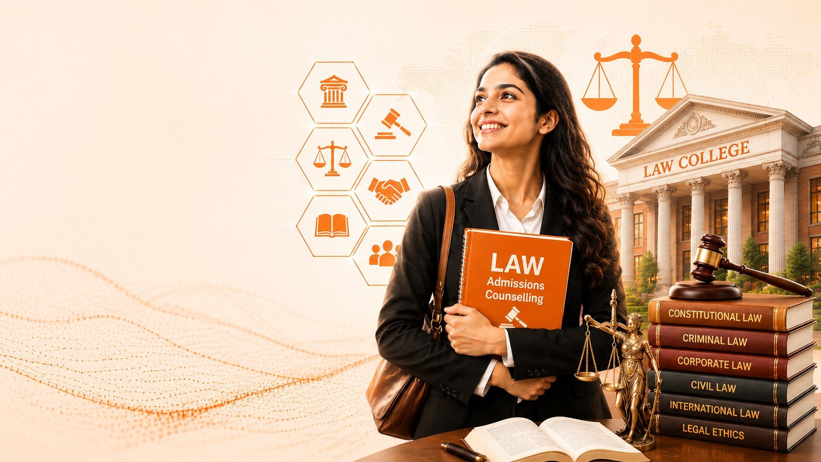Smiling female law student in business attire holding a Law Admissions Counselling folder, standing beside a stack of Constitutional Law, Criminal Law, Corporate Law, Civil Law, International Law and Legal Ethics books with a gavel and scales of justice, outside a law college building — Law admission counselling by Vidyapaath