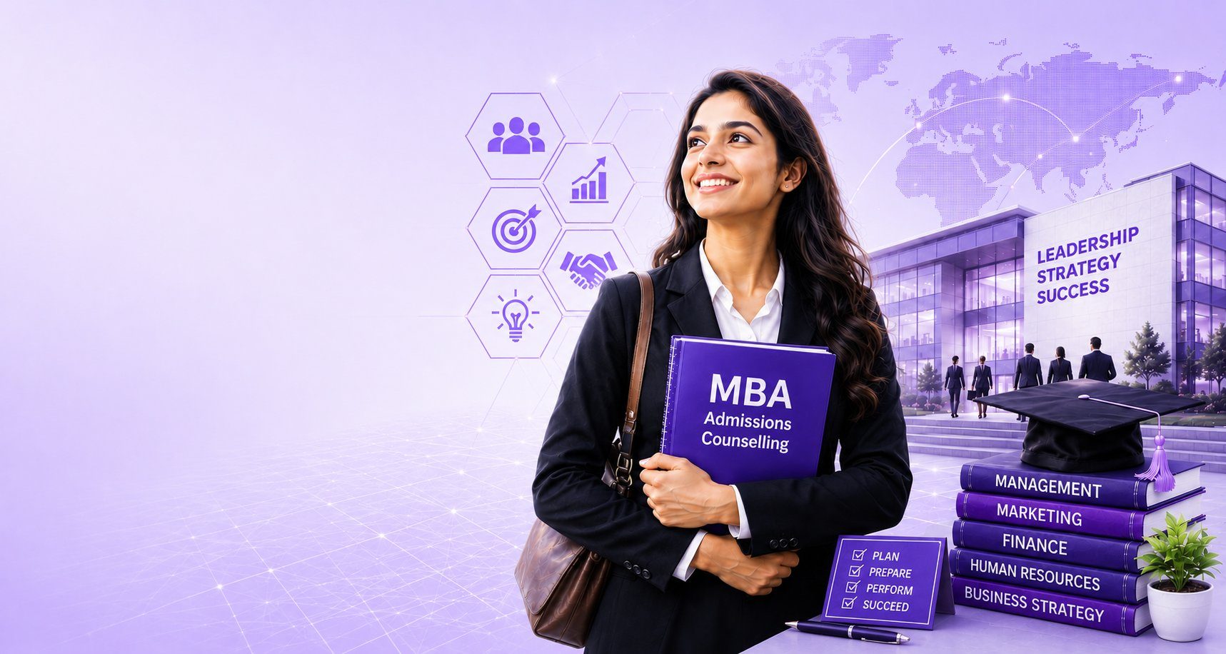 Smiling businesswoman in a formal blazer holding an MBA Admissions Counselling folder, standing beside a stack of Management, Marketing, Finance, Human Resources and Business Strategy books with a graduation cap, outside a business school building — MBA admission counselling by Vidyapaath