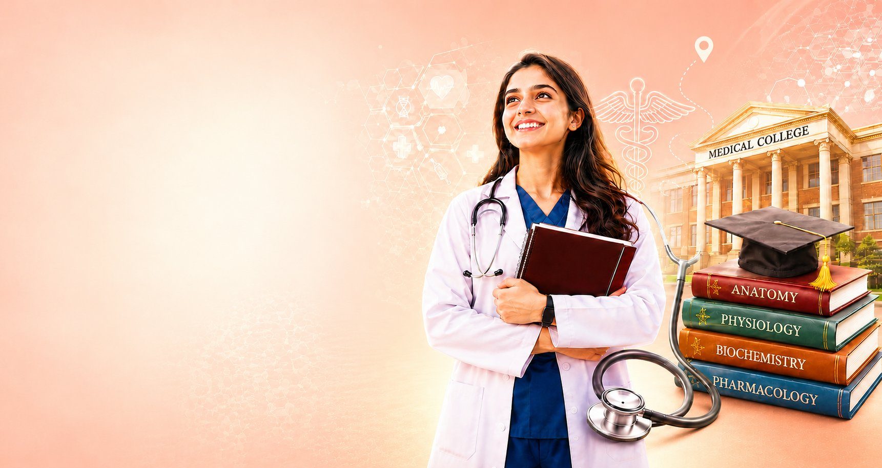 Smiling female doctor in a white coat with a stethoscope holding Anatomy, Physiology, Biochemistry and Pharmacology textbooks outside a medical college building — NEET UG MBBS admission counselling by Vidyapaath