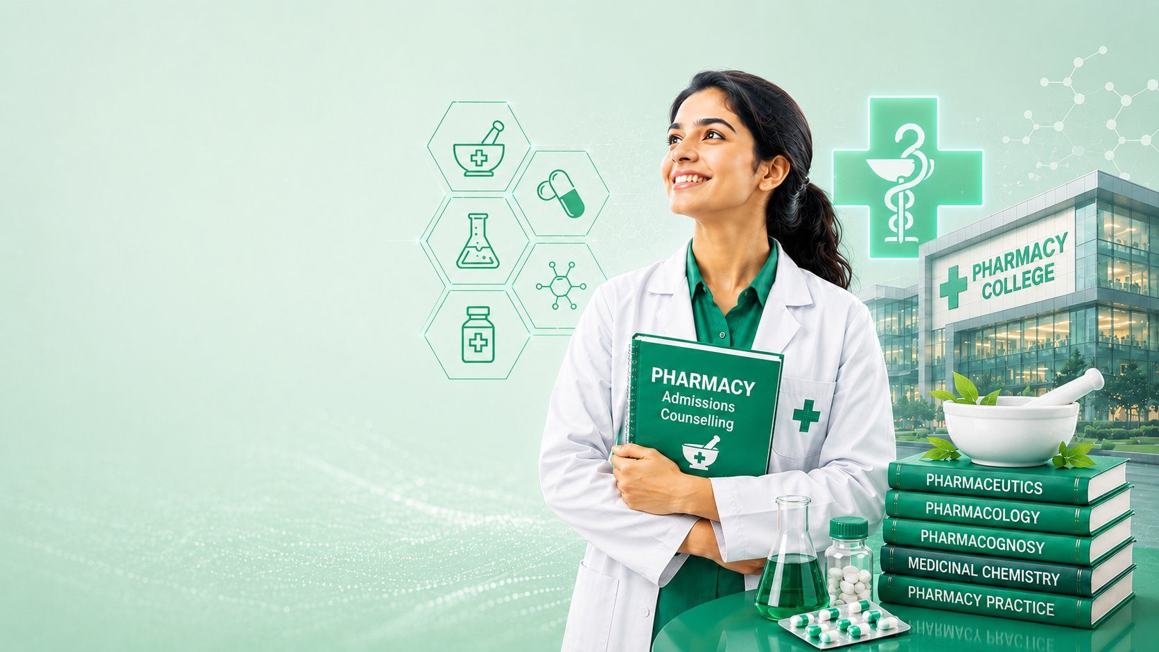 Smiling female pharmacy student in a white coat holding a Pharmacy Admissions Counselling folder, standing beside a stack of Pharmaceutics, Pharmacology, Pharmacognosy, Medicinal Chemistry and Pharmacy Practice textbooks with a mortar and pestle, outside a pharmacy college building — Pharmacy admission counselling by Vidyapaath